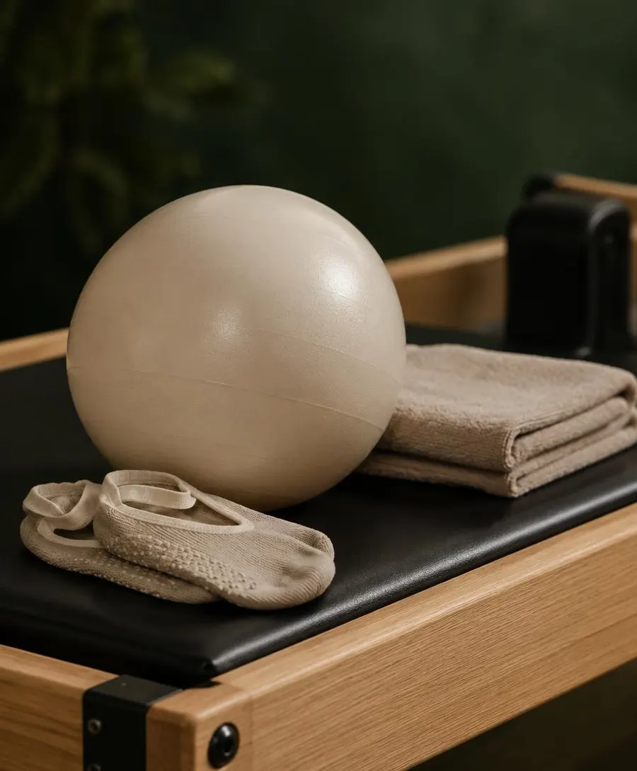 Cream pilates ball, grip socks and a folded towel on a reformer