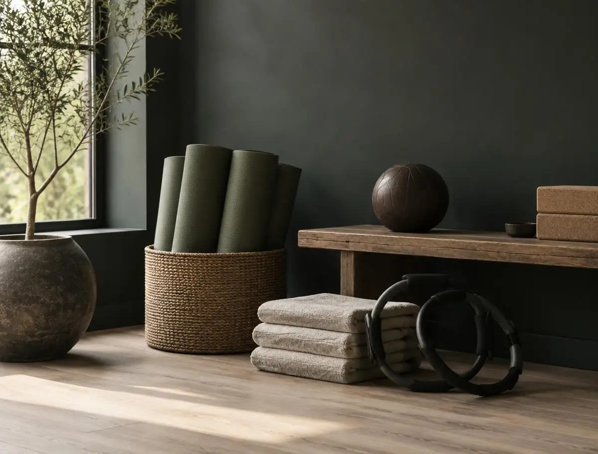 Rolled mats in a basket beside folded towels, pilates rings and a weighted ball